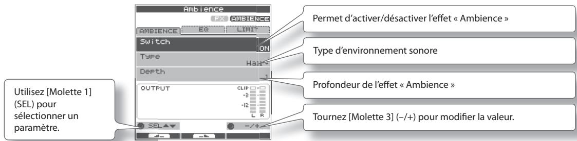 Permet d'activer/désactiver l'effet « Ambience » Type d'environnement sonore Profondeur de l'effet « Ambience » Tournez [Molette 3] (-/+) pour modifier la valeur. Utilisez [Molette 1] (SEL) pour sélectionner un paramètre.