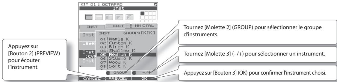 KIT 01 : OCTAPAD Inst INST EDIT HH CTRL INST GROUP:[KIK] 01 Maple K 02 Custom K 03 Birch K 04 Shallow K 05 Medium K 06 Studio K 07 Wood K 08 Soft K GROUP -/+ CANCEL PREVIEW OK Appuyez sur [Bouton 2] (PREVIEW) pour écouter l'instrument. Tournez [Molette 2] (GROUP) pour sélectionner le groupe d'instruments. Tournez [Molette 3] (-/+) pour sélectionner un instrument. Appuyez sur [Bouton 3] (OK) pour confirmer l'instrument choisi.