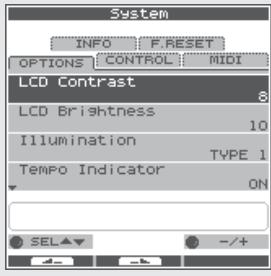 System INFO F.RESET OPTIONS CONTROL MIDI LCD Contrast 8 LCD Brightness 10 Illumination TYPE 1 Tempo Indicator ON SEL +/-