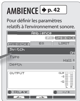 AMBIENCE → p. 42 Pour définir les paramètres relatifs à l'environnement sonore. Ambience FX AMBIENCE AMBIENCE EQ LIMIT Switch ON Type Hall # Depth 1 OUTPUT CLIP -3 -12 L R SEL -/+