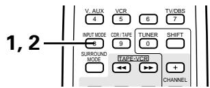 1,2 V. AUX VCR TV/DBS 4 5 6 7 INPUT MODE CDR/TAPE TUNER SHIFT 8 9 0 SURROUND TAPE-VCR + MODE TAPE-VCR CHANNEL