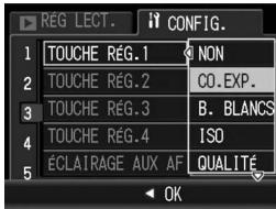 REG LECT. CONFIG. TOUCHE RÉG.1 NON TOUCHE RÉG.2 CO.EXP. TOUCHE RÉG.3 B. BLANCS TOUCHE RÉG.4 ISO ÉCLAIRAGE AUX AF QUALITÉ OK