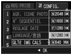 REG PRISE 1 AGR. ICÔNE PHOTO 2 N° SÉQUENTIEL 3 RÉGLAGE DATE 4 LANGUAGE/言語 5 QLTÉ IMG CALS N 2048 [3M] N 1600 [2M] F 1280 [1M] N 1280 [1M] N 640 [6A]