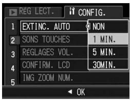 REG LECT. CONFIG. 1 EXTINC. AUTO NON 2 SONS TOUCHES 1 MIN. 3 RÉGLAGES VOL. 5 MIN. 4 CONFIRM. LCD 30MIN. 5 IMG ZOOM NUM. OK