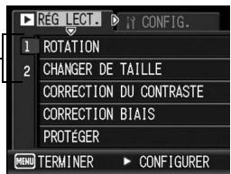 REG LECT. CONFIG. 1 ROTATION 2 CHANGER DE TAILLE CORRECTION DU CONTRASTE CORRECTION BIAIS PROTEGER MENU TERMINER CONFIGURER