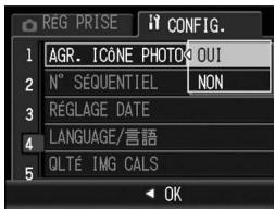 REG PRISE 1 AGR. ICONE PHOTO OUI 2 N° SÉQUENTIEL NON 3 RÉGLAGE DATE 4 LANGUAGE/言語 5 QLTÉ IMG CALS OK