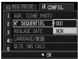 REG PRISE 1 AGR. ICONE PHOTO 2 N° SEQUENTIEL OUI 3 RÉGLAGE DATE NON 4 LANGUAGE/言語 5 QLTÉ IMG CALS OK