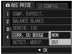 RÉG PRISE 1 COMP. EXPOSIT. 2 BALANCE BLANCS 3 SENSIB. ISO 4 CORR. DU BOUGÉ NON 5 DÉTECT. MODIF. OUI OK