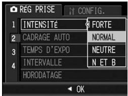 RÉG PRISE 1 INTENSITÉ FORTE 2 CADRAGE AUTO NORMAL 3 TEMPS D'EXPO NEUTRE 4 INTERVALLE N ET B HORODATAGE OK