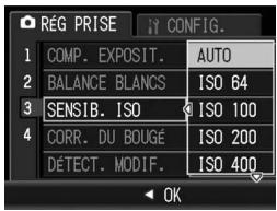 RÉG PRISE 1 COMP. EXPOSIT. AUTO 2 BALANCE BLANCS ISO 64 3 SENSIB. ISO ISO 100 4 CORR. DU BOUGÉ ISO 200 DÉTECT. MODIF. ISO 400 OK