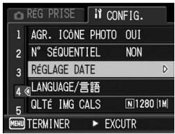 REG PRISE 1 AGR. ICONE PHOTO OUI 2 N° SÉQUENTIEL NON 3 RÉGLAGE DATE 4 LANGUAGE/言語 5 QLTÉ IMG CALS N1280 (TM) MENU TERMINER EXCUTR