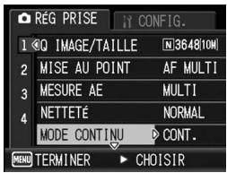 RÉG PRISE 1 Q IMAGE/TAILLE N364810M 2 MISE AU POINT AF MULTI 3 MESURE AE MULTI 4 NETTETÉ NORMAL MODE CONTINU CONT. MENU TERMINER CHOISIR