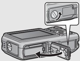 RICOH G600 - Fermez le couvercle du logement de la batterie/ carte et tournez le bouton en direction du signe Ⓔ. - 1