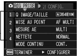 RÉG PRISE 1 Q IMAGE/TAILLE 2 MISE AU POINT 3 MESURE AE 4 NETTETÉ 5 MODE CONTINU 6 TERMINER 7 CONFIGURER 8 364810M AF MULTI MULTI NORMAL CONT.