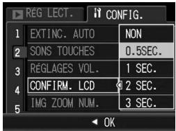 REG LECT. CONFIG. 1 EXTINC. AUTO NON 2 SONS TOUCHES 0.5SEC. 3 RÉGLAGES VOL. 1 SEC. 4 CONFIRM. LCD 2 SEC. 5 IMG ZOOM NUM. 3 SEC. OK