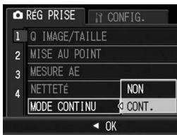 RÉG PRISE 1 Q IMAGE/TAILLE 2 MISE AU POINT 3 MESURE AE 4 NETTETÉ NON MODE CONTINU 4 CONT. OK