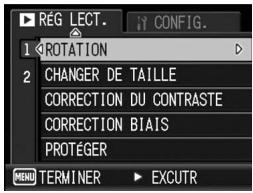 RÉG LECT. 1 2 ROTATION CHANGER DE TAILLE CORRECTION DU CONTRASTE CORRECTION BIAIS PROTÉGER MENU TERMINER EXCUTR CONFIG.