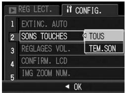 REG LECT. CONFIG. EXTINC. AUTO SONS TOUCHES TOUS RÉGLAGES VOL. TEM.SON CONFIRM. LCD IMG ZOOM NUM. OK