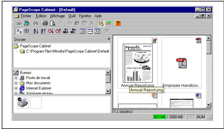 PageScope Cabinet - [Default] Fichier Edition Afichage Outil Fenêtre Ajde Dossier PageScope Cabinet C:\Program Files\Minolta\PageScope Cabinet\Default Bureau Poste de travail Mes documents Internet Explorer Voripage d'eau Speed's Employee Handboo... Annual Report.png Employee Handboo... Annual Report.png 12 obiet(s) 803 MB / 2000 MB NUM