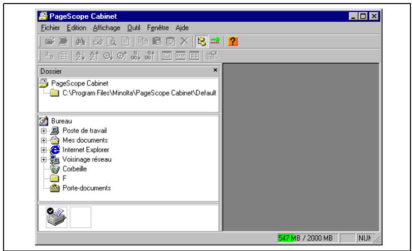 PageScope Cabinet Fichier Edition Affichage Outil Fenêtre Ajde Dossier PageScope Cabinet C:\Program Files\Minolta\PageScope Cabinet\Default Bureau Poste de travail Mes documents Internet Explorer Voisinage réseau Corbeille F Porte-documents 547 MB / 2000 MB NUI