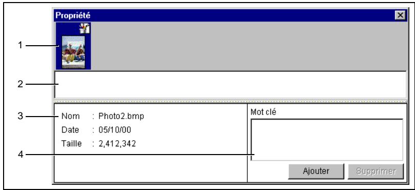 Propriété 1 2 3 Nom : Photo2.bmp Date : 05/10/00 Taille : 2,412,342 4 Mot clé Ajouter Supprimer
