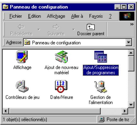 Panneau de configuration Fichier Edition Affichage Aller à Favoris ? Présédente Suivante Dossier parent Adresse Panneau de configuration Affichage Ajout de nouveau matériel Ajout/Suppression de programmes Contrôleurs de jeu Date/Heure Gestion de l'alimentation 1 objet(s) sélectionné(s) Poste de tra