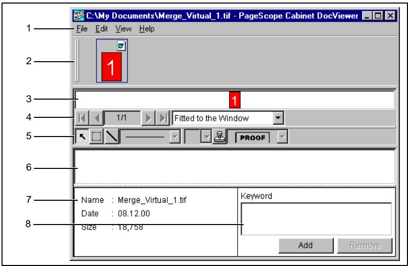 C:\My Documents\Merge_Virtual_1.tif - PageScope Cabinet DocViewer File Edit View Help 1 2 3 4 5 6 7 8 Name : Merge_Virtual_1.tif Date : 08.12.00 Size : 18,758 Keyword Add Remove