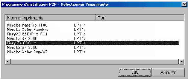 Programme d'installation P2P - Selectionner l'imprimante- Nom d'imprimante Port Minolta PagePro 1100 LPT1: Minolta Color PagePro LPT1: FieryX3.55BW-M_PCL LPT1: Minolta SP 3000 LPT1: Fiery Z4.08C-M LPT1: Minolta SP 3500 LPT1: Minolta Color PageW2 LPT1: OK Annuler