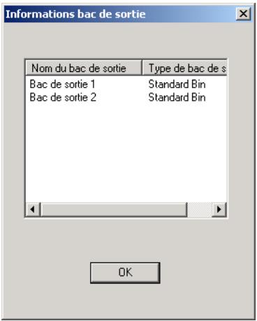 Informations bac de sortie Nom du bac de sortie Type de bac de s Bac de sortie 1 Bac de sortie 2 Standard Bin Standard Bin OK