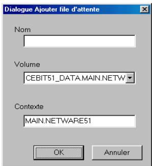 Dialogue Ajouter file d'attente Nom Volume CEBIT51_DATA.MAIN.NETW Contexte MAIN.NETWARE51 OK Annuler