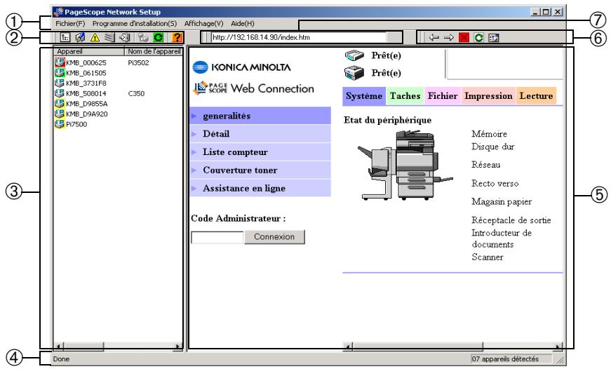 PageScope Network Setup Fichier(F) Programme d'installation(S) Affichage(V) Aide(H) Apparel Nom de Tapparel KMB_000625 PI3502 KMB_061505 KMB_3731F8 KMB_508014 C350 KMB_D985SA KMB_D9A920 PI7500 IKONICA MINOLTA PAGE SCOPE Web Connection generalités Detail Liste compteur Couverture toner Assistance en ligne Code Administrateur : Connexion Prêt(e) Prêt(e) Système Taches Fichier Impression Lecture Etat du périphérique Mémoire Disque dur Réseau Recto verso Magasin papier Réceptacle de sortie Introducteur de documents Scanner Done 07 appareils détectés