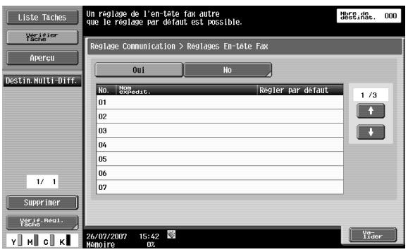 Un réglage de l'en-tête fax autre que le réglage par défaut est possible. Règlage Communication > Règlages En-tête Fax Oui No No: Non Expedit. Règler par défaut 01 02 03 04 05 06 07 1 / 3 Supprimer Verif. Regi. Tache 26/07/2007 15:42 Memoire 02 Val- Lider