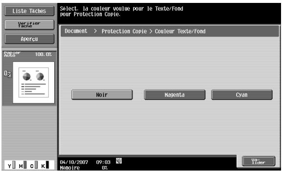 Liste Taches Verifier Tache Apercu Paper Auto 100.0% Document > Protection Copie > Couleur Texte/Fond Noir Magenta Cyan 04/10/2007 09:03 Memoire 0%