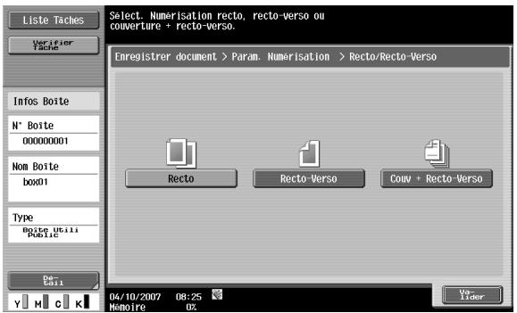 Liste Taches Select. Numerisation recto, recto-verso ou couverture + recto-verso. Enregistrer document > Param. Numerisation > Recto/Recto-Verso Info Boite N° Boite 00000001 Nom Boite box01 Type Boite Utili Public Recto Recto-Verso Conv + Recto-Verso 04/10/2007 08:25 Memoire 0%