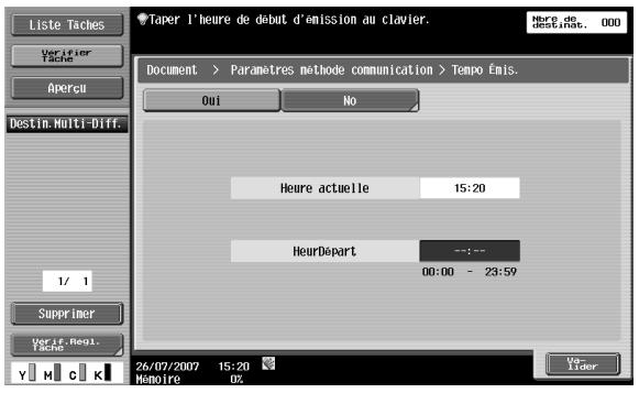 Liste Taches Verifier Tache Aperçu Destin. Multi-Diff. 1/ 1 Supprimer Verif. Regl. Tache Taper l'heure de début d'émission au clavier. Houre de destinist. 000 Document > Parametres méthode communication > Tempo Émis. Oui No Heure actuelle 15:20 HeurDepart --:-- 00:00 - 23:59 26/07/2007 15:20 Memoire 0% Ver- lider