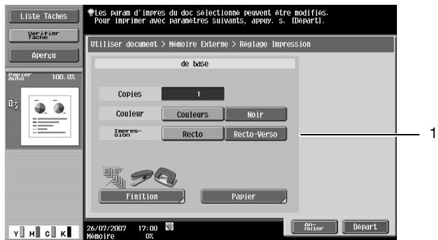 Liste Taches Verifier Tache Apercui papier Auto 100.0% U2 Les param d'impres du doc sélectionna peuvent être modifies. Four imprimer avec paramètres suivants, appuy. s. [Depart]. Utiliser document > Memoire Externe > Reglage Impression de base Copies 1 Couleur Couleurs Noir Impres- sion Recto Recto-Verso Finition Papier 26/07/2007 17:00 % Memoire 0%