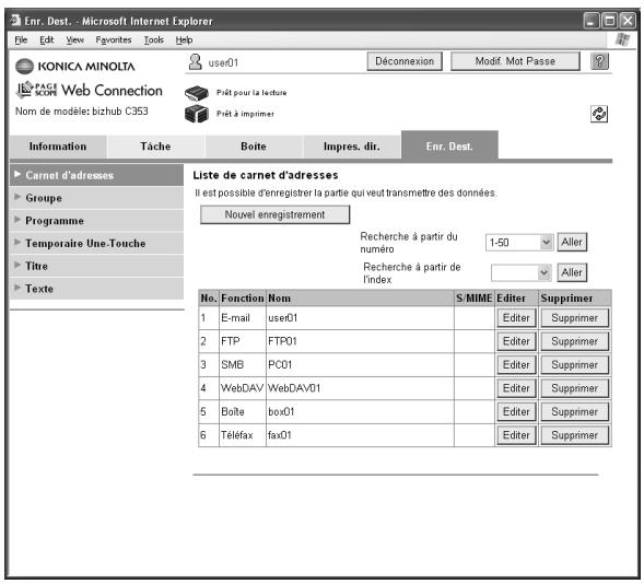 Enr. Dest. . Microsoft Internet Explorer File Edit View Favorites Tools Help KONICA MINOLTA PAGE SCENE Web Connection Nom de modèle: bizhub C353 User01 Déconnexion Modif Mot Passe Prêt pour la lecture Prêt à impimer Information Tâche Boite Impres. dir. Enr. Dest. Carnet d'adresses Groupe Programme Temporaire Une-Touche Titre Texte Liste de carnet d'adresses Il est possible d'enregistrer la partie qui veut transmettre des données. Nouvel enregistrement Recherche à partir du 1-50 Aller Recherche à partir de L'index Aller No. Fonction Nom S MIME Editer Supprimer 1 E-mail user01 2 FTP FTP01 3 SMB PC01 4 WebDAV WebDAV01 5 Boîte box01 6 Téléfax fax01 Editor Supprimer Editor Supprimer Editor Supprimer