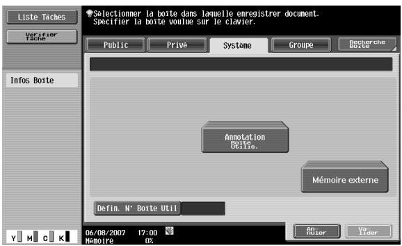 Liste Taches Verifier Tache Info Boite Selectionner la boite dans laquelle enregistrer document. Spacifier la boite voulue sur le clavier. Public Privé Système Groupe Recherche Boite Annotation Boite Ducile. Mémoire externe Defin. N° Boite Util 06/08/2007 17:00 % Mémoire 0% Rt Foster Vol- Lider