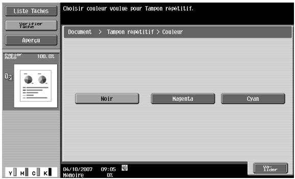 Choisir couleur voulue pour Tampon repetitif. Document > Tampon repetitif > Couleur Noir Magenta Cyan 04/10/2007 09:05 Memoire 0%