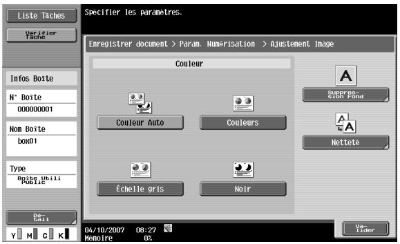 Liste Taches Verifier Tache Info Boite N° Boite 00000001 Nom Boite box01 Type Boite Utili Public De- Call Enregistrer document > Param. Numerisation > Ajustement Image Couleur Couleur Auto Couleurs Échelle gris Noir Suppression Fond Nettete 04/10/2007 08:27 Memoire OZ Ver- Lider