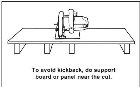 To avoid kickback, do support board or panel near the cut.
