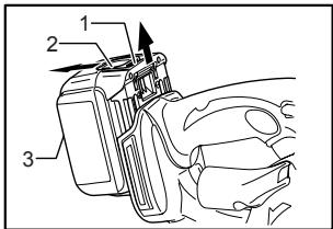 Technical diagram of a mechanical assembly with numbered components and directional arrows indicating motion or flow.