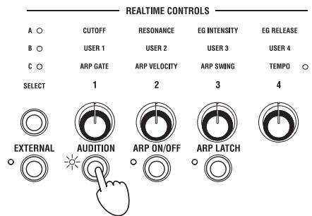 KORG MICROSTATION - Lors de la sélection d'un Program, vous pouvez utiliser la fonction "Audition" pour écouter un riff ou une phrase utilisant le Program. - 1