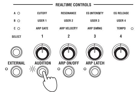KORG MICROSTATION - Wahrend deruche nach einem geeigneten Program konnen Sie mit der „Audition“- Funktion ein kurzes Riff bzw. eine Phrase starten. - 1