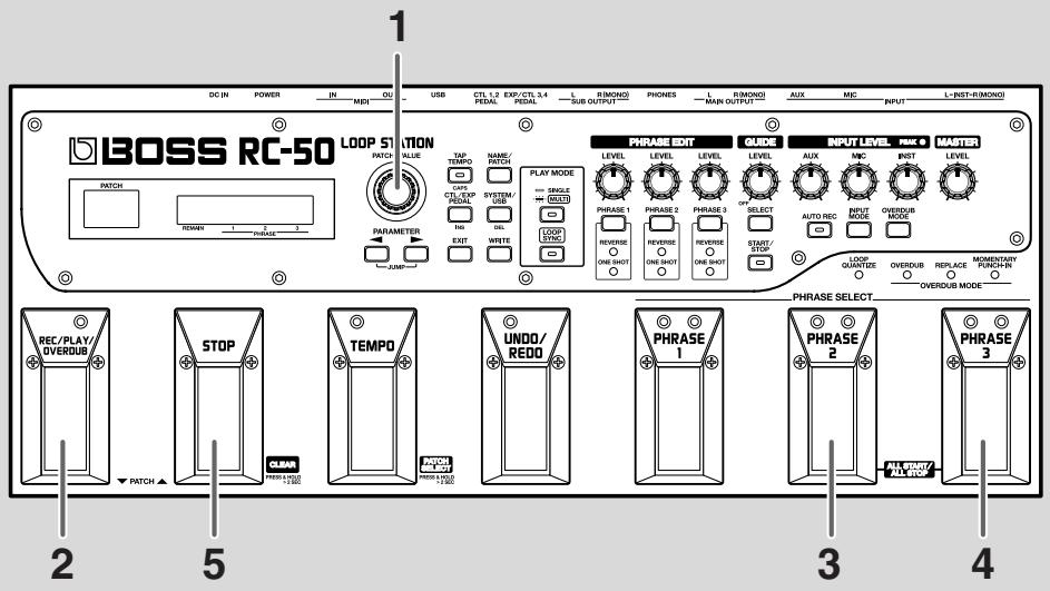 BOSS RC-50 - Appuyez sur la pédale PHRASE 2 pour sélectionner la PHRASE 2. - 1