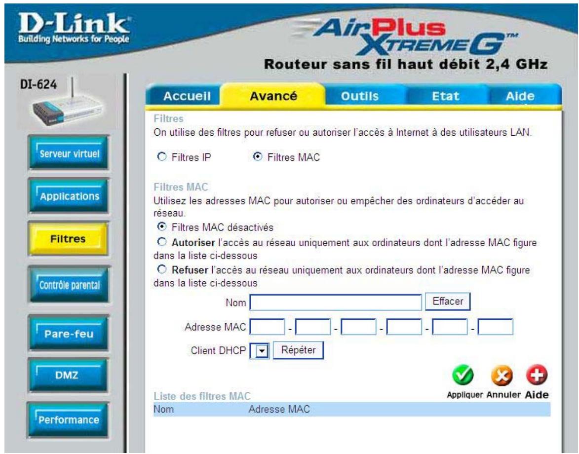 D-LINK DI-624 - Avancé > Filtres > Filtres MAC - 1