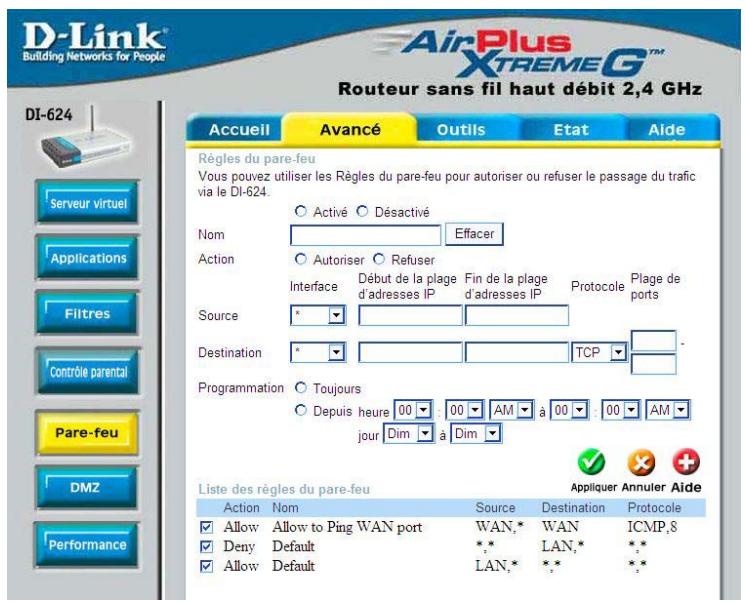 D-LINK DI-624 - Comment ouvrir une série de ports sur mon Dl-624 en utilisant les régles régissant le pare-feu ? - 1