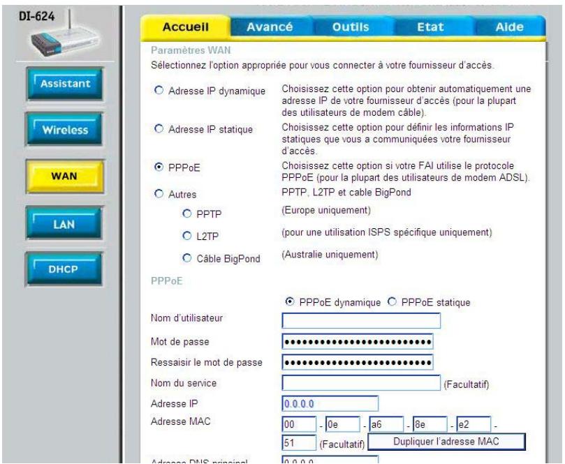 D-LINK DI-624 - Accueil > WAN > PPPoE - 1