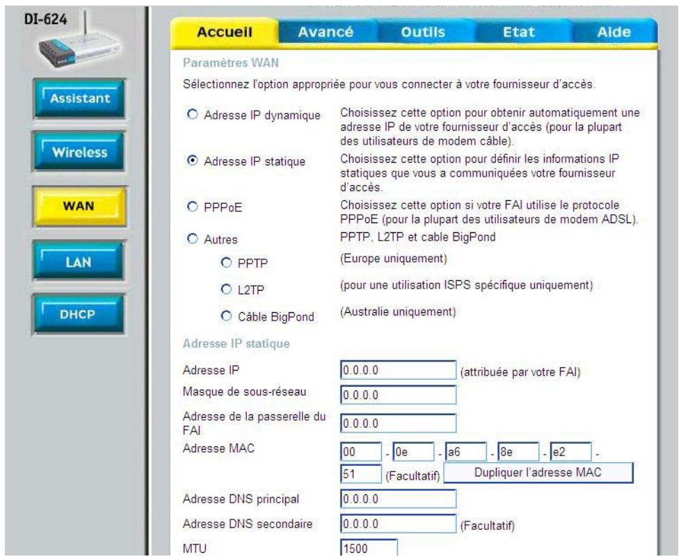 D-LINK DI-624 - Accueil > WAN > Adresse IP statique - 1