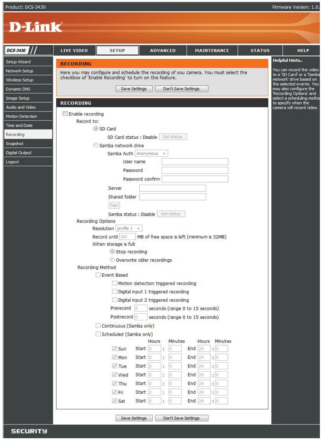 D-LINK DCS-3411 - Click Enable Recording. - 1